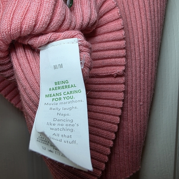 Aerie Ribbed Stretch Polo Top Short Sleeve Knit Sweater Shirt Coral Pink M - Picture 7 of 8